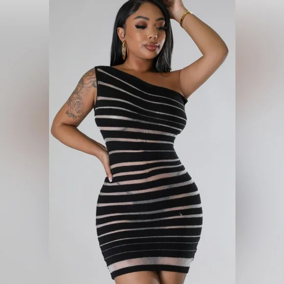 Dresses | Sheer Black See Through Stretchy Dress One Shoulder Dress |  Poshmark